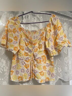 Floral Smocked Peplum Top Puff Sleeve Cottagecore Blouse - Yellow & Lavender